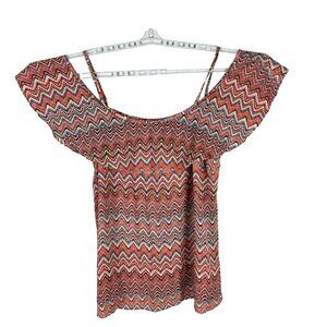 Tacera Women's Off-Shoulder Zigzag Pattern Top XL 100% Polyester Red & Blue